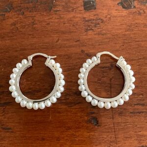 925 Stamped Sterling Silver and Pearl Hoop Earrings